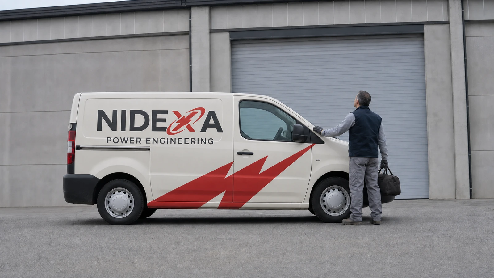 Nidexa teknisyeni servis aracıyla müşterinin fabrikasının önüne gelmiş, sahayı ve binayı inceleyerek ücretsiz keşif ve kVA hesabı için değerlendirme yapıyor.