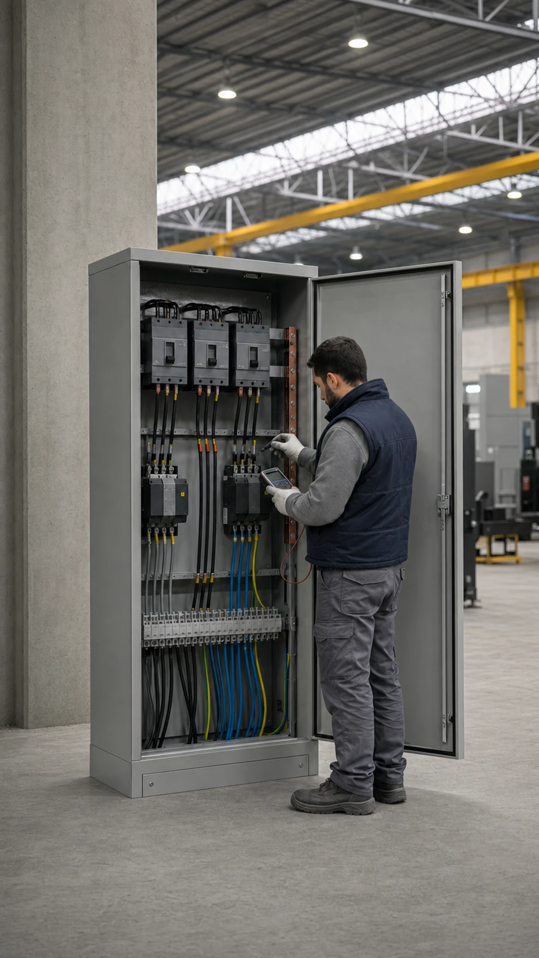 Koyu lacivert stüdyo zemininde 3/4 açıyla sergilenen kabinli sessiz tip dizel jeneratör; kenarlarında ince mavi ışık, arkasında zarif yeşil enerji huzmesi ve hafif teknik blueprint çizgileri bulunan kurumsal key visual. İnsan yok, yazı yok.